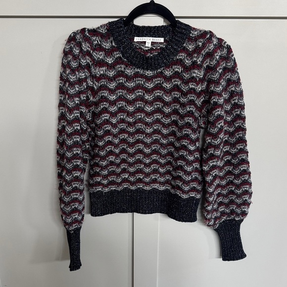 Veronica Beard Black and Red Crew Neck Sweater with Chevron Design - Picture 1 of 1